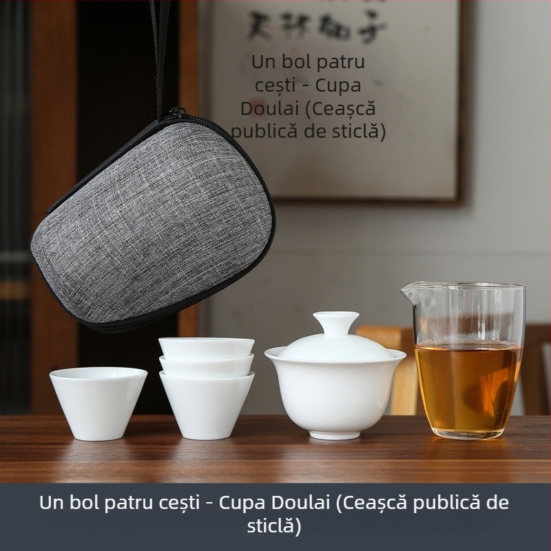 Set kungfu de ceai din porțelan alb pentru călătorii, cu husă portabilă, include un bol și patru cești din sticlă, cadou cu posibilitatea personalizării logo-ului