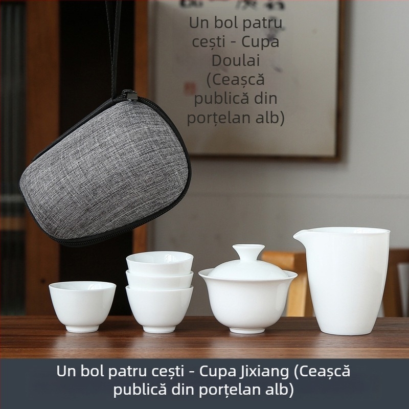 Set kungfu de ceai din porțelan alb pentru călătorii, cu husă portabilă, include un bol și patru cești din sticlă, cadou cu posibilitatea personalizării logo-ului