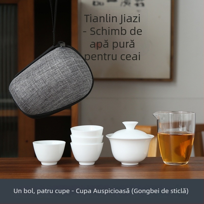 Set kungfu de ceai din porțelan alb pentru călătorii, cu husă portabilă, include un bol și patru cești din sticlă, cadou cu posibilitatea personalizării logo-ului