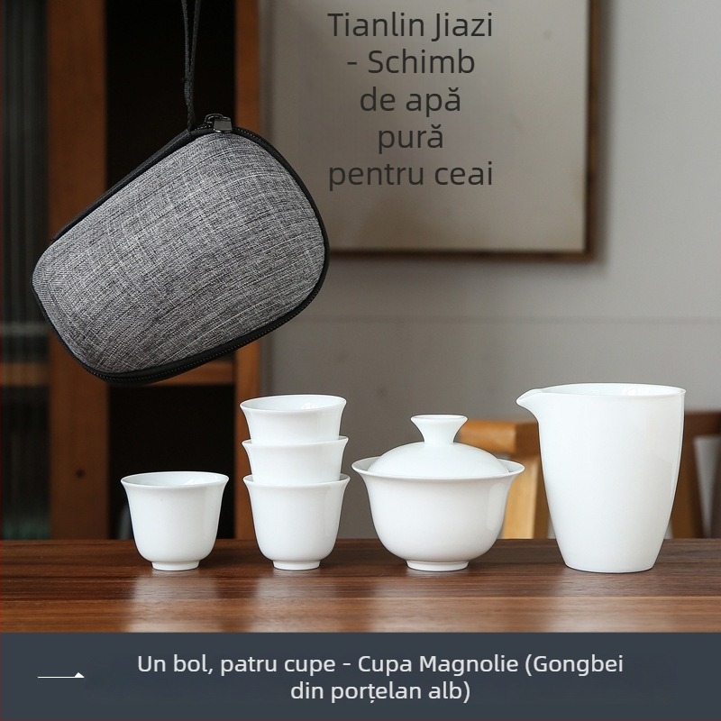 Set kungfu de ceai din porțelan alb pentru călătorii, cu husă portabilă, include un bol și patru cești din sticlă, cadou cu posibilitatea personalizării logo-ului
