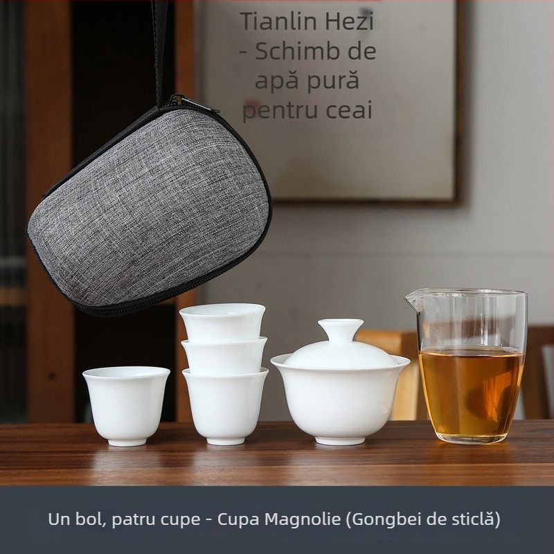 Set kungfu de ceai din porțelan alb pentru călătorii, cu husă portabilă, include un bol și patru cești din sticlă, cadou cu posibilitatea personalizării logo-ului