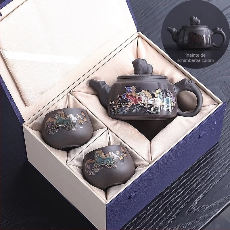 Set de ceai Kung Fu Yixing Zisha, realizat manual, culoare care se schimbă la încălzire, un ceainic și două cești, pentru uz casnic
