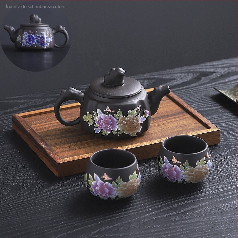 Set de ceai Kung Fu Yixing Zisha, realizat manual, culoare care se schimbă la încălzire, un ceainic și două cești, pentru uz casnic