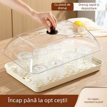 Tavă de ceai cu drenaj, design cu două niveluri, suport pentru ceai și apă, tavă de fructe cu capac de protecție împotriva prafului