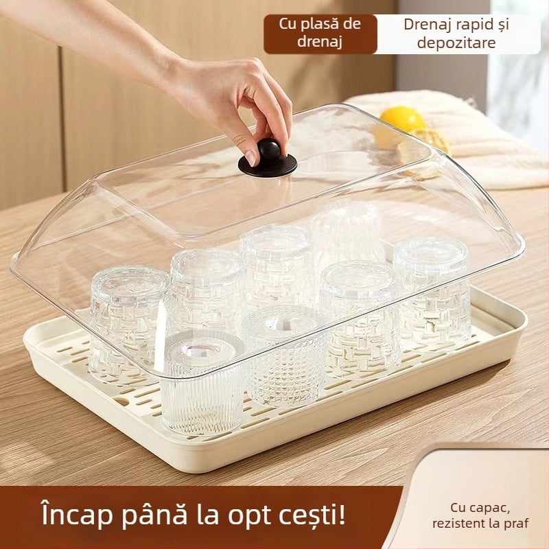 Tavă de ceai cu drenaj, design cu două niveluri, suport pentru ceai și apă, tavă de fructe cu capac de protecție împotriva prafului