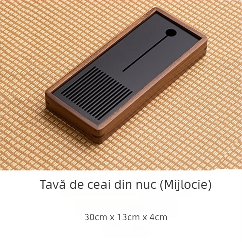 Tavă de ceai din lemn de nuc, mică, dreptunghiulară, cu colectare de apă, suport pentru ceai uscat, pentru o persoană