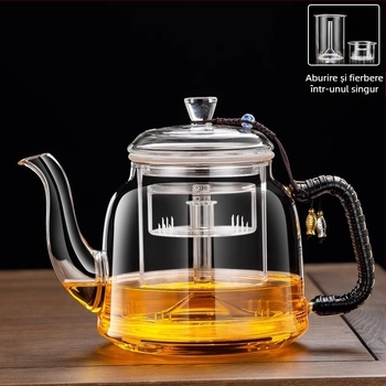 Set ceainic din sticlă pentru aburire și infuzare, design toate‑în‑unul, încălzire pe plită ceramică electrică