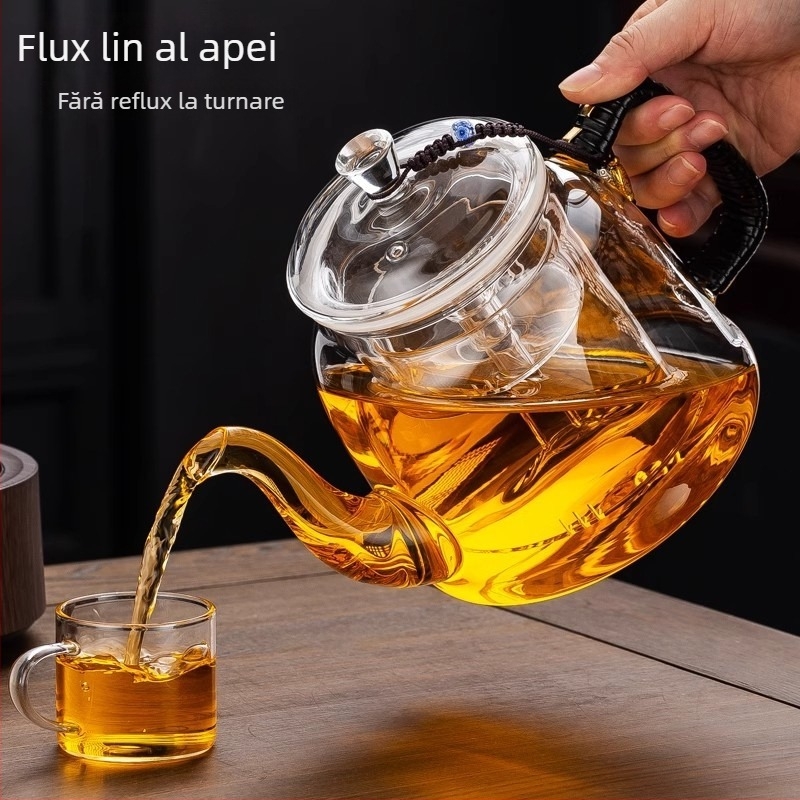 Set ceainic din sticlă pentru aburire și infuzare, design toate‑în‑unul, încălzire pe plită ceramică electrică