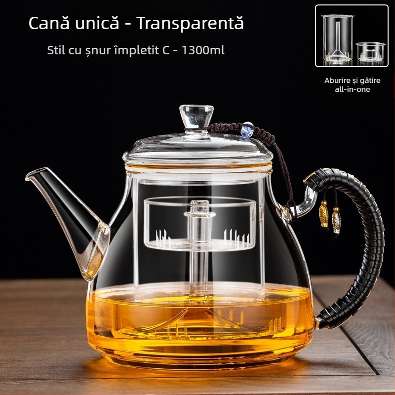 Set ceainic din sticlă pentru aburire și infuzare, design toate‑în‑unul, încălzire pe plită ceramică electrică