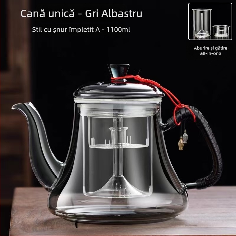 Set ceainic din sticlă pentru aburire și infuzare, design toate‑în‑unul, încălzire pe plită ceramică electrică