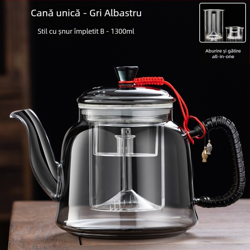 Set ceainic din sticlă pentru aburire și infuzare, design toate‑în‑unul, încălzire pe plită ceramică electrică