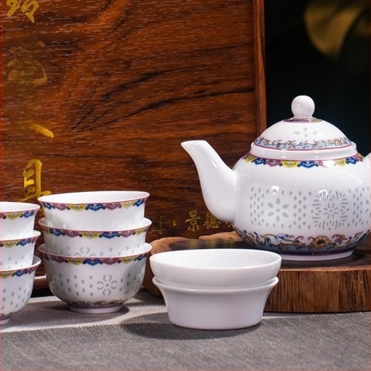 Set ceai ceramic cu ceainic albastru‑alb, porțelan emailat, stil modern minimalist, pentru uz casnic și birou, 3–5 persoane
