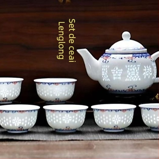 Set ceai ceramic cu ceainic albastru‑alb, porțelan emailat, stil modern minimalist, pentru uz casnic și birou, 3–5 persoane