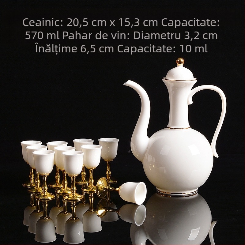 Set de vin din porțelan alb, cu distribuitor în stil antic, pahare mici și cană ceramică – cadou premium pentru casă