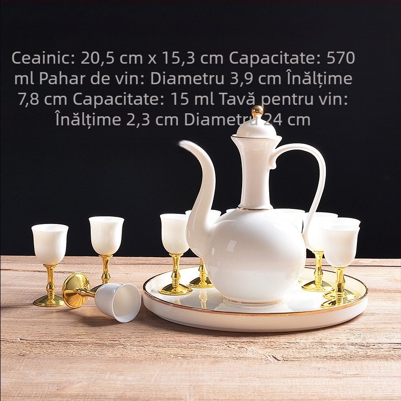 Set de vin din porțelan alb, cu distribuitor în stil antic, pahare mici și cană ceramică – cadou premium pentru casă