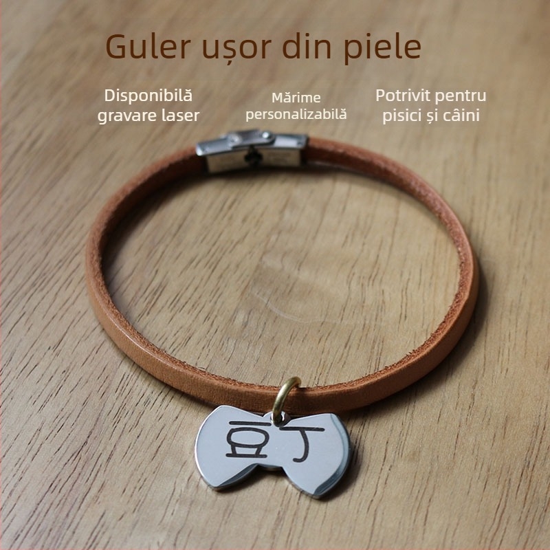 Colier pentru animale de companie cu gravură personalizată, din piele de vită adevărată, șnur pentru câine, lesă, ușor, anti-pierdere