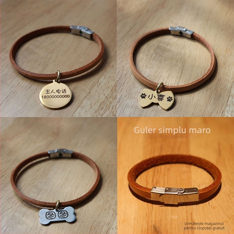 Colier pentru animale de companie cu gravură personalizată, din piele de vită adevărată, șnur pentru câine, lesă, ușor, anti-pierdere