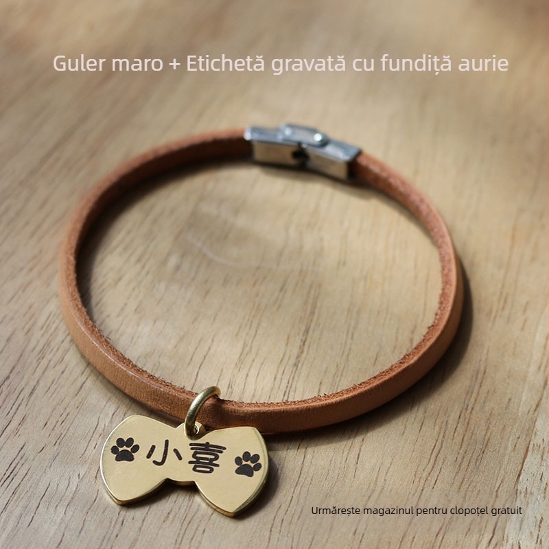 Colier pentru animale de companie cu gravură personalizată, din piele de vită adevărată, șnur pentru câine, lesă, ușor, anti-pierdere