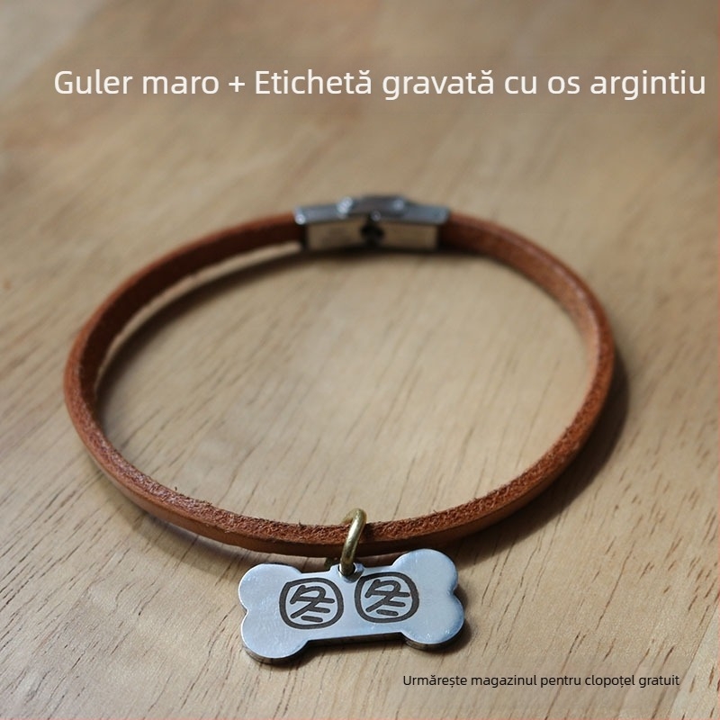 Colier pentru animale de companie cu gravură personalizată, din piele de vită adevărată, șnur pentru câine, lesă, ușor, anti-pierdere