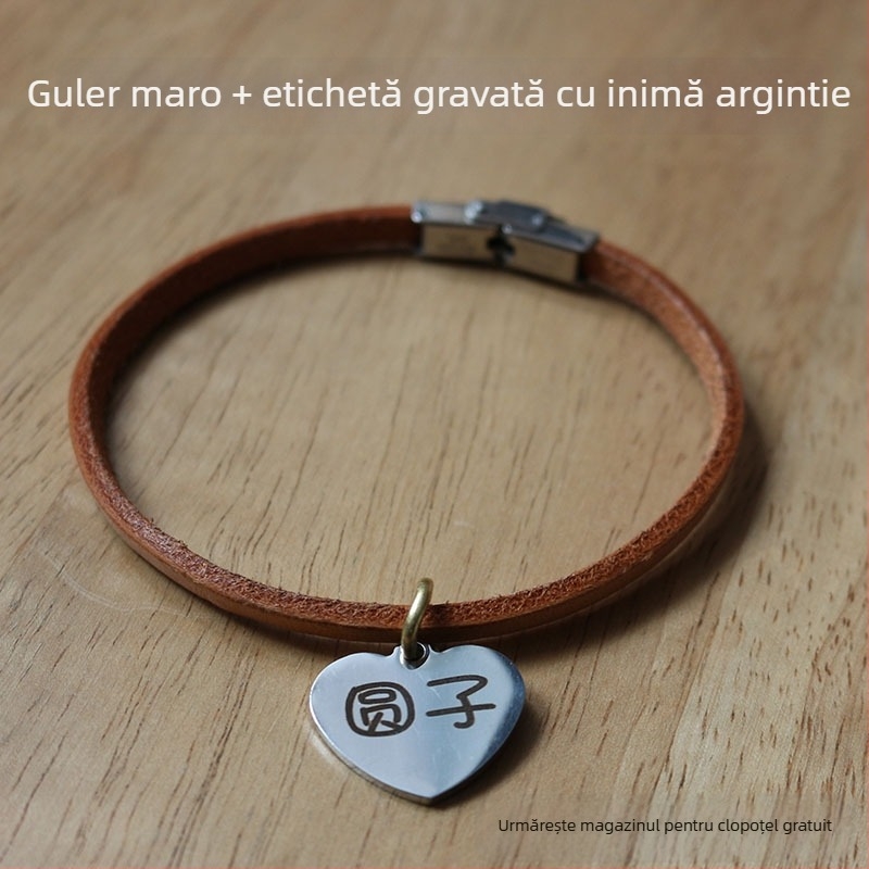 Colier pentru animale de companie cu gravură personalizată, din piele de vită adevărată, șnur pentru câine, lesă, ușor, anti-pierdere