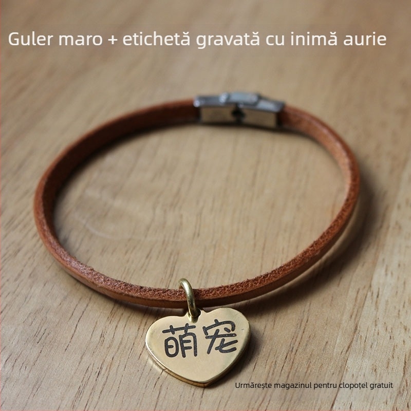 Colier pentru animale de companie cu gravură personalizată, din piele de vită adevărată, șnur pentru câine, lesă, ușor, anti-pierdere
