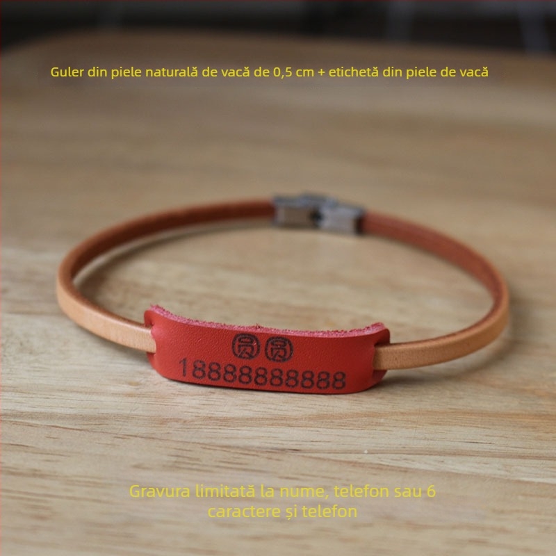 Colier pentru animale de companie cu gravură personalizată, din piele de vită adevărată, șnur pentru câine, lesă, ușor, anti-pierdere
