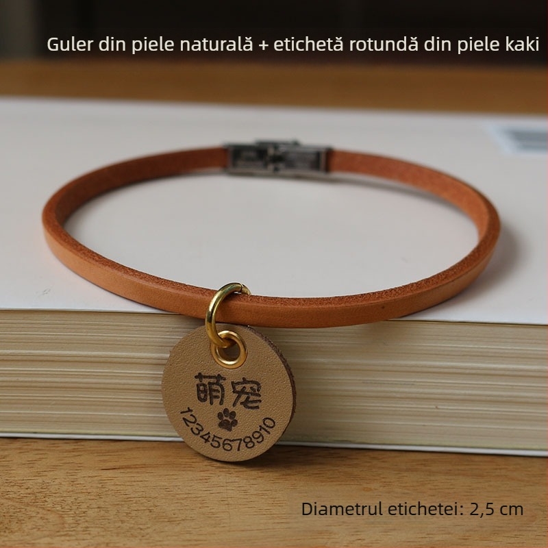 Colier pentru animale de companie cu gravură personalizată, din piele de vită adevărată, șnur pentru câine, lesă, ușor, anti-pierdere