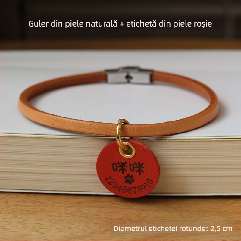 Colier pentru animale de companie cu gravură personalizată, din piele de vită adevărată, șnur pentru câine, lesă, ușor, anti-pierdere