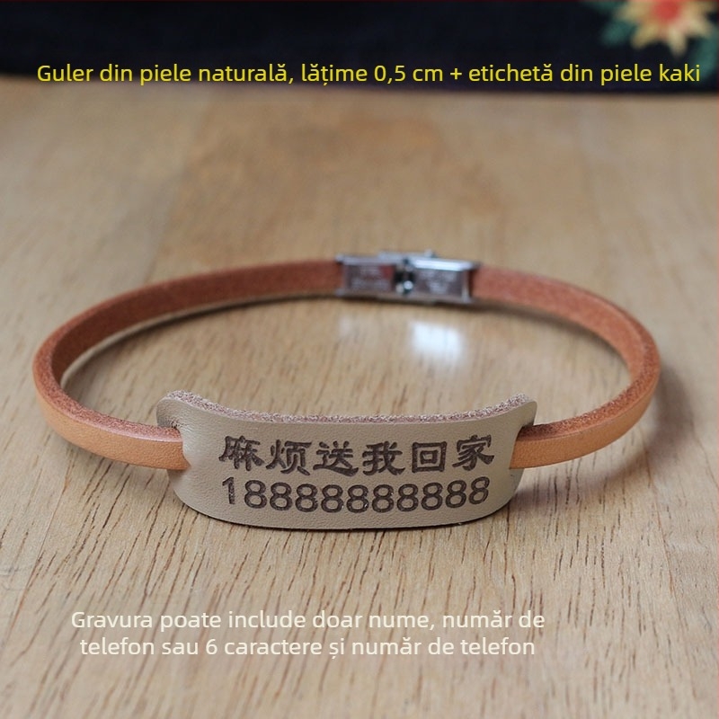 Colier pentru animale de companie cu gravură personalizată, din piele de vită adevărată, șnur pentru câine, lesă, ușor, anti-pierdere