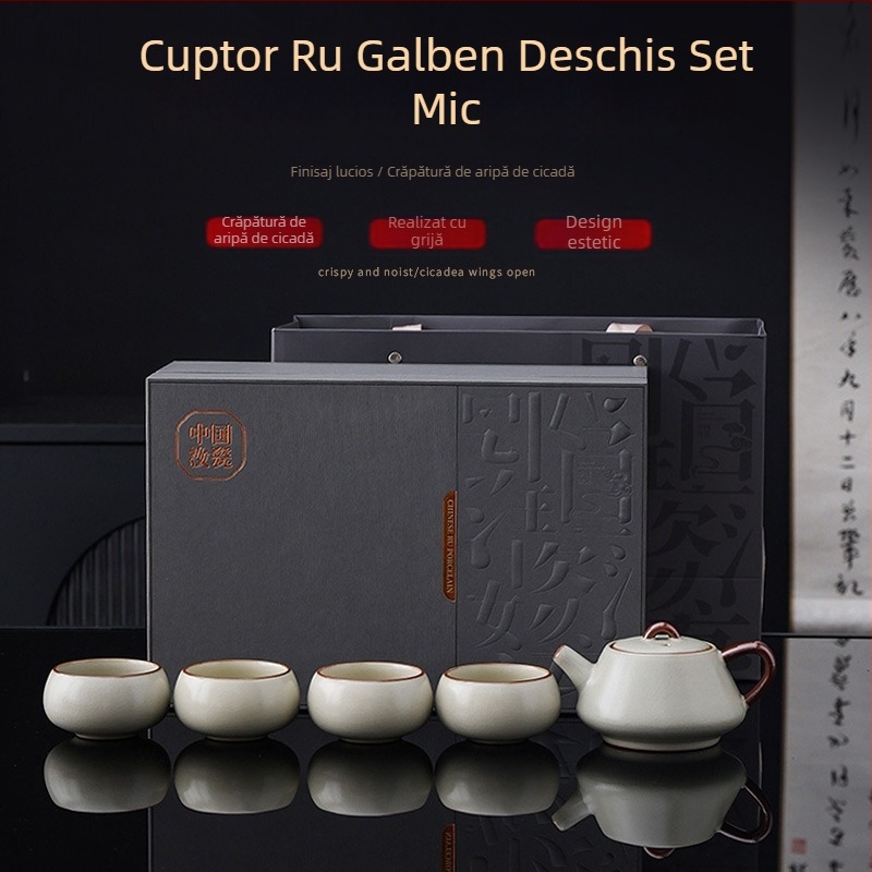 Ceainic bej din ceramică, cu mâner lateral, glazură crăpată și linii aurii, ceainic Gongfu pentru uz casnic, stil Chinez Nou