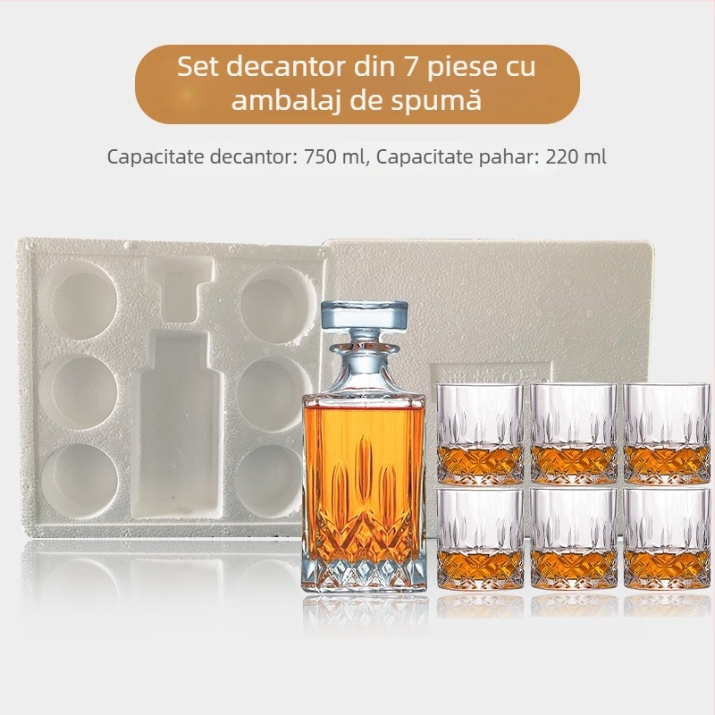 Set decantor din sticlă cu cutie cadou și logo personalizat — pahare de whisky, capacitate mare, stil vintage lux