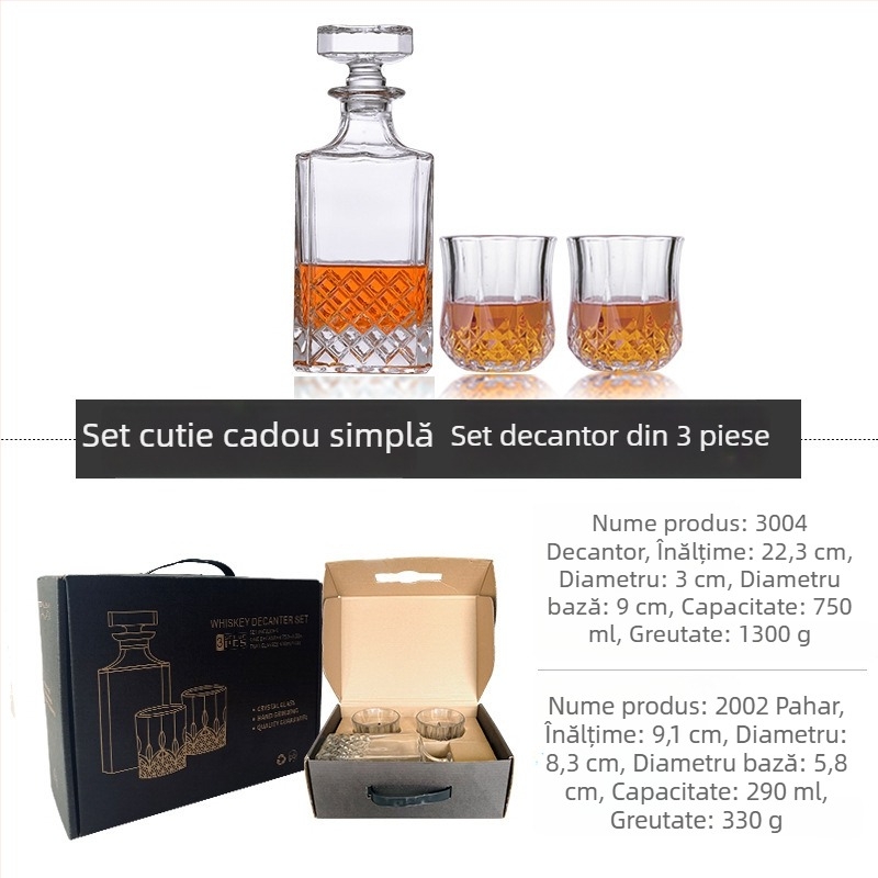 Set decantor din sticlă cu cutie cadou și logo personalizat — pahare de whisky, capacitate mare, stil vintage lux