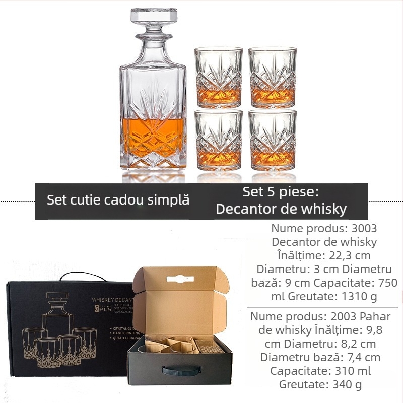 Set decantor din sticlă cu cutie cadou și logo personalizat — pahare de whisky, capacitate mare, stil vintage lux