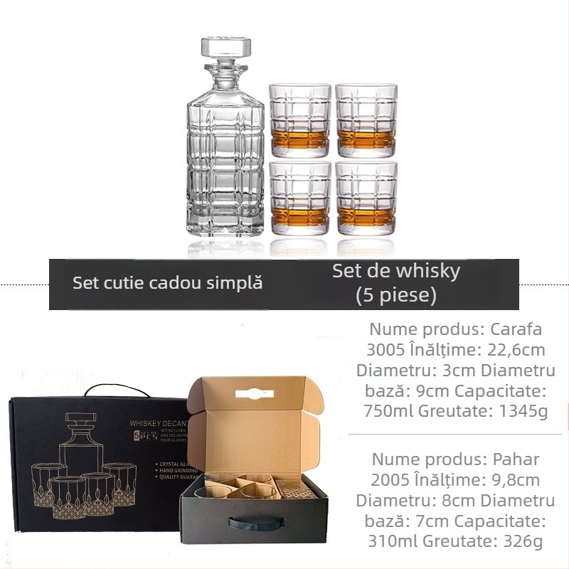 Set decantor din sticlă cu cutie cadou și logo personalizat — pahare de whisky, capacitate mare, stil vintage lux