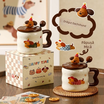 Cească ceramică drăguță, cu capac și linguriță, în cutie cadou, design dachshund