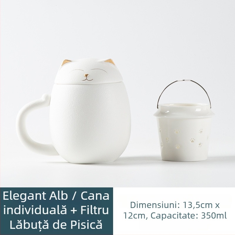 Cană ceramică cu pisicuă norocoasă pentru ceai, cu capac și filtru, capacitate mare, suvenir cadou