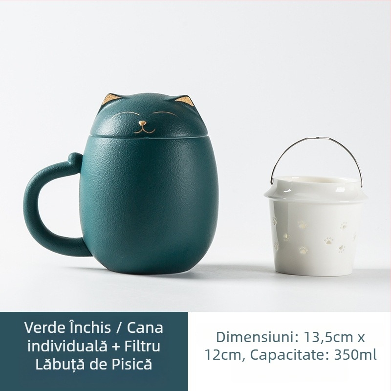 Cană ceramică cu pisicuă norocoasă pentru ceai, cu capac și filtru, capacitate mare, suvenir cadou