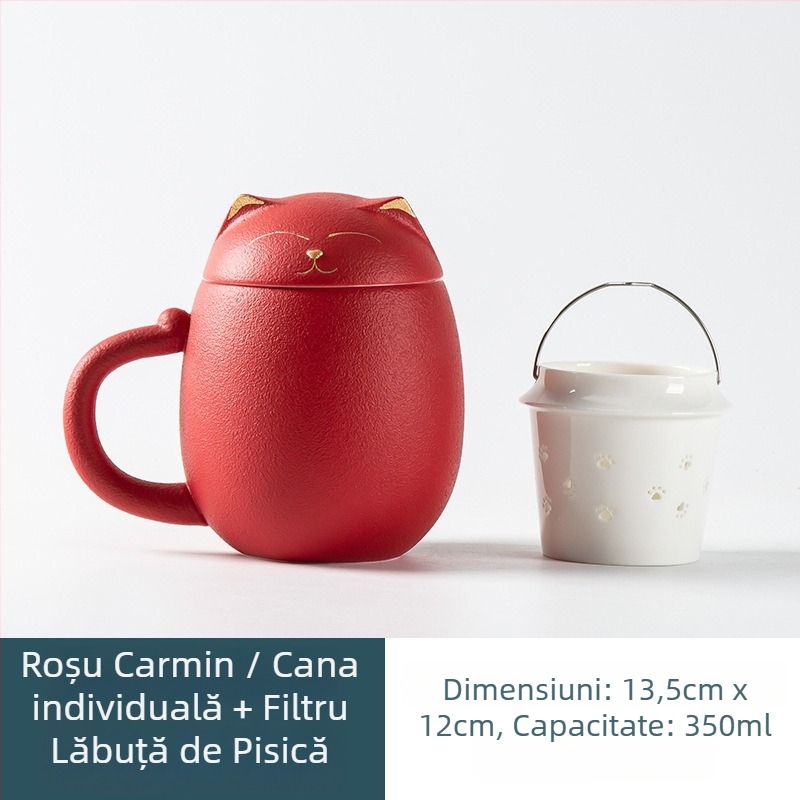 Cană ceramică cu pisicuă norocoasă pentru ceai, cu capac și filtru, capacitate mare, suvenir cadou