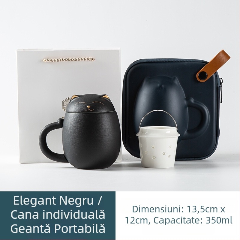 Cană ceramică cu pisicuă norocoasă pentru ceai, cu capac și filtru, capacitate mare, suvenir cadou