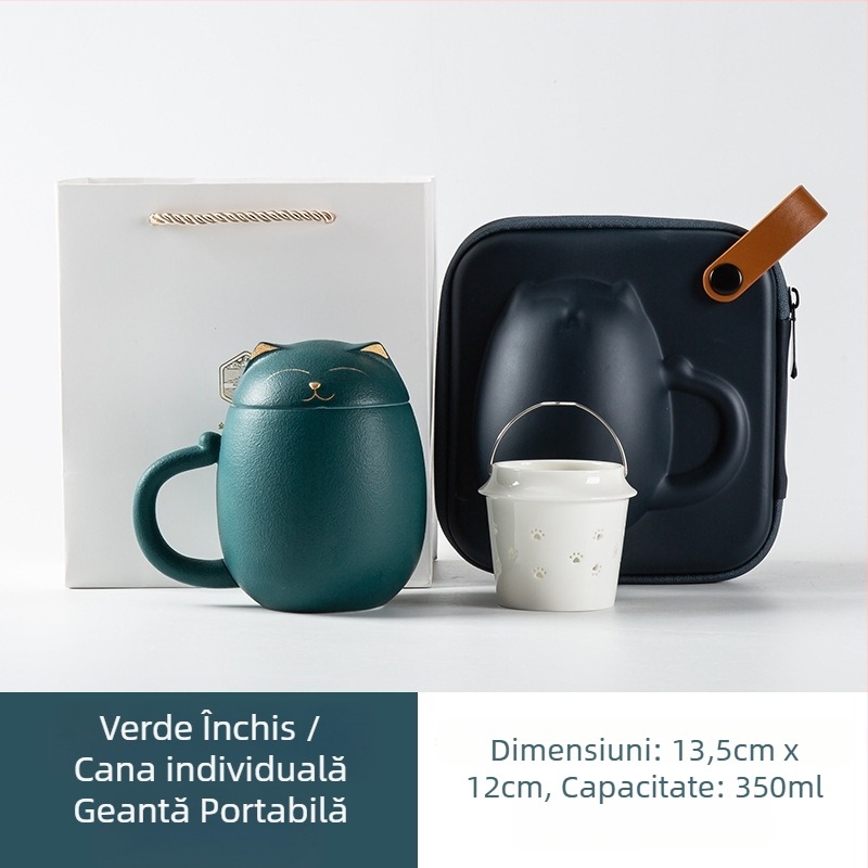 Cană ceramică cu pisicuă norocoasă pentru ceai, cu capac și filtru, capacitate mare, suvenir cadou
