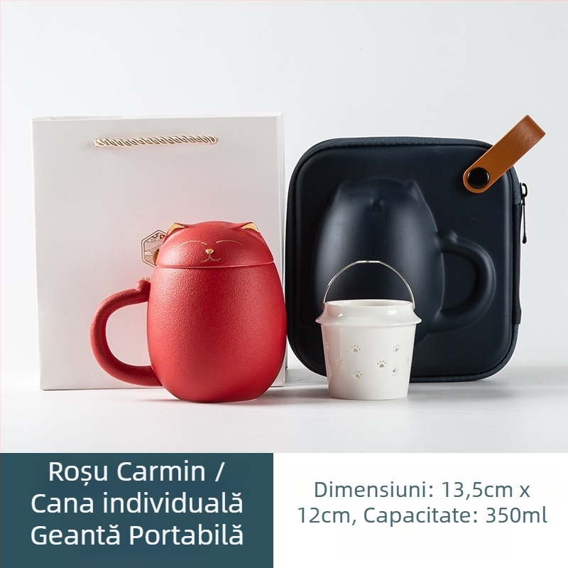 Cană ceramică cu pisicuă norocoasă pentru ceai, cu capac și filtru, capacitate mare, suvenir cadou