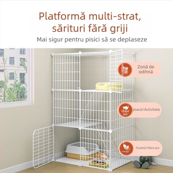 Cușcă pentru pisici cu toaletă, stil vilă DIY, spațiu interior, trei niveluri, adăpost mic pentru pisici