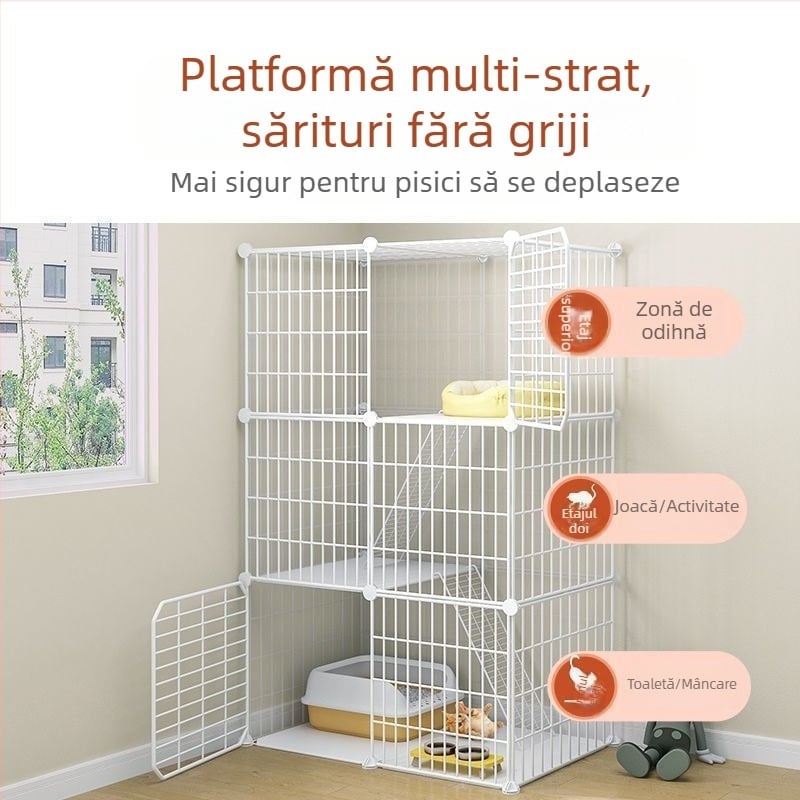Cușcă pentru pisici cu toaletă, stil vilă DIY, spațiu interior, trei niveluri, adăpost mic pentru pisici