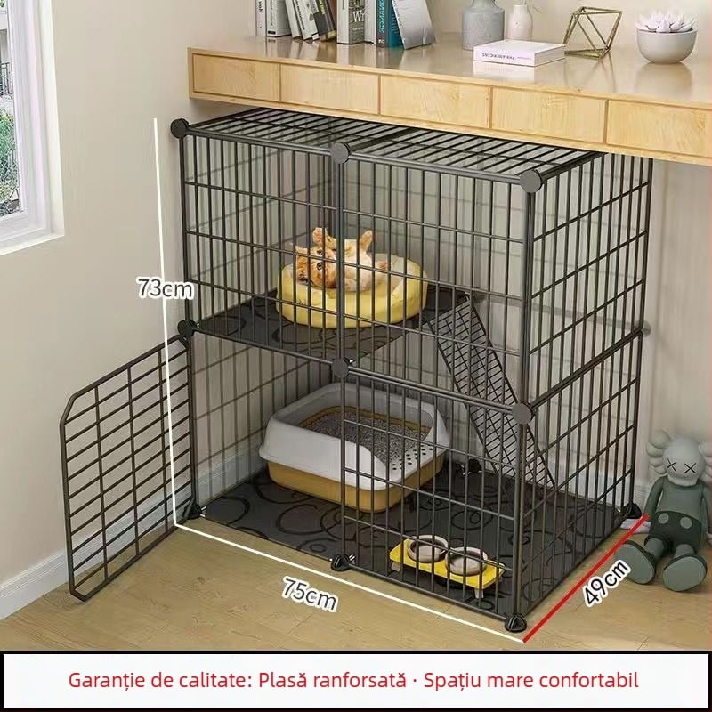 Cușcă pentru pisici cu toaletă, stil vilă DIY, spațiu interior, trei niveluri, adăpost mic pentru pisici