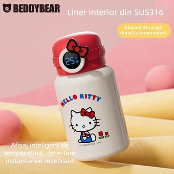 Termos pentru copii cu afișaj inteligent al temperaturii, capacitate mare, pai și mâner, design desen animat, din oțel inoxidabil