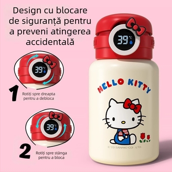 Termos pentru copii cu afișaj inteligent al temperaturii, capacitate mare, pai și mâner, design desen animat, din oțel inoxidabil