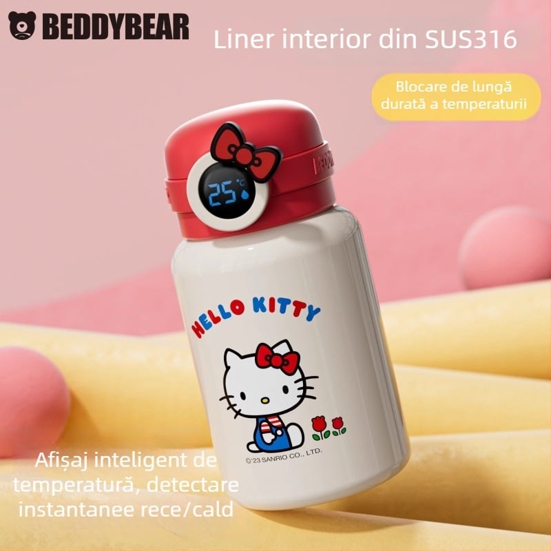 Termos pentru copii cu afișaj inteligent al temperaturii, capacitate mare, pai și mâner, design desen animat, din oțel inoxidabil