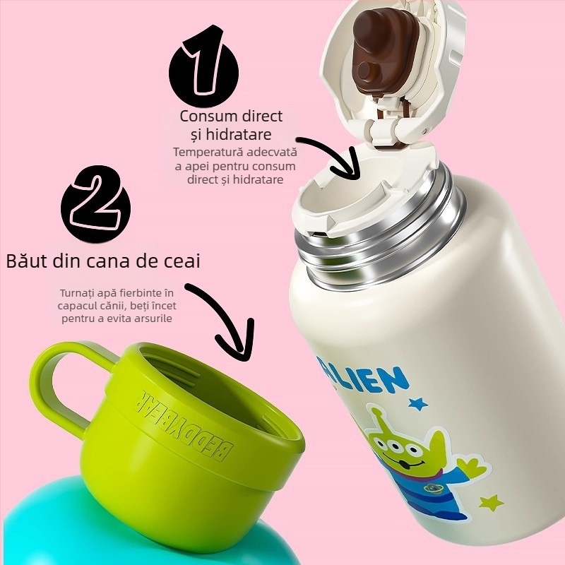 Termos pentru copii cu afișaj inteligent al temperaturii, capacitate mare, pai și mâner, design desen animat, din oțel inoxidabil
