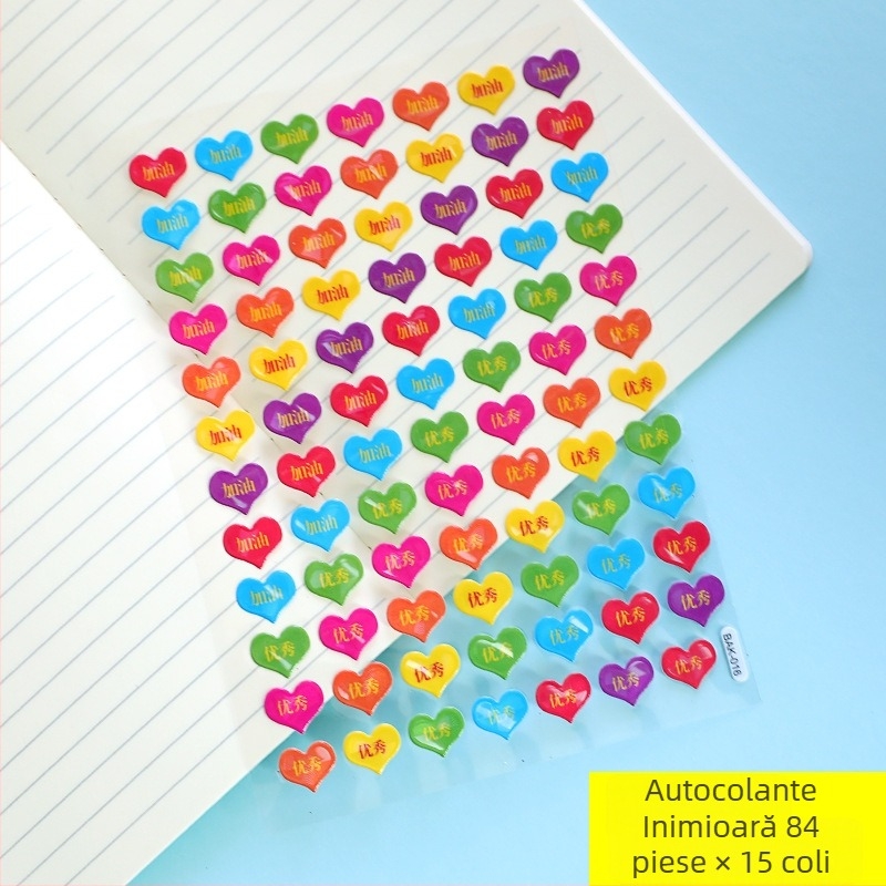 Autocolante de încurajare pentru elevi din învățământul primar – autocolante de recompensă și laude, cu fețe zâmbitoare, stele, mici drapele roșii și autocolante 3D cu bule