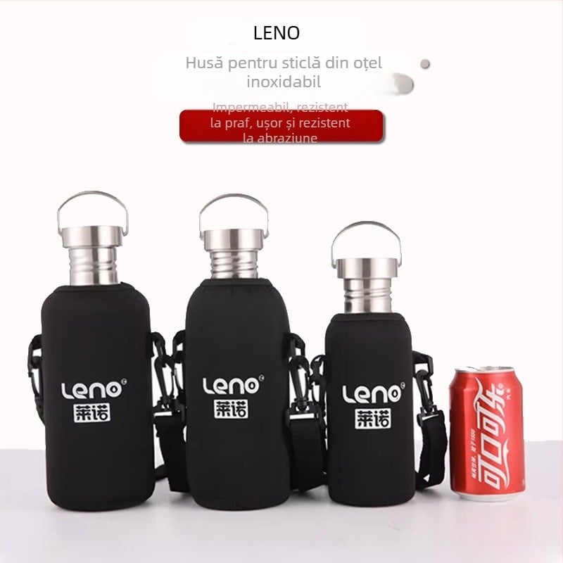 Leno husă pentru sticlă din oțel inoxidabil, țesătură neagră de costum de scufundare, suport portabil pentru exterior cu curea de umăr